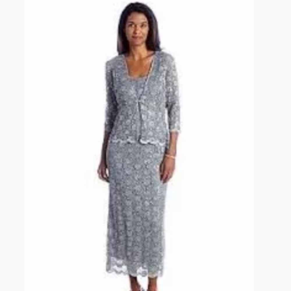 Silver Lace Sequin Evening Gown with Matching Jacket